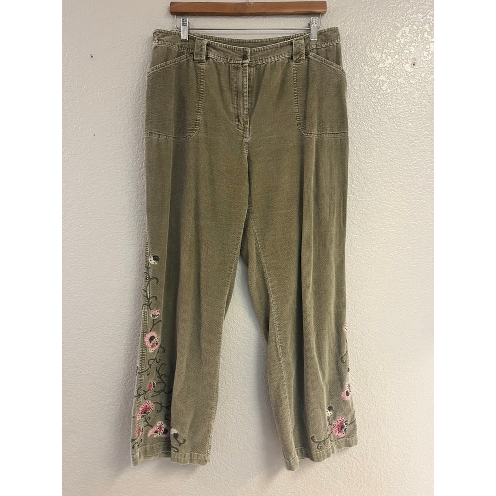 J. Jill Olive Green Corduroy Floral Embroidered Beaded Wide Leg Pants Womens 16